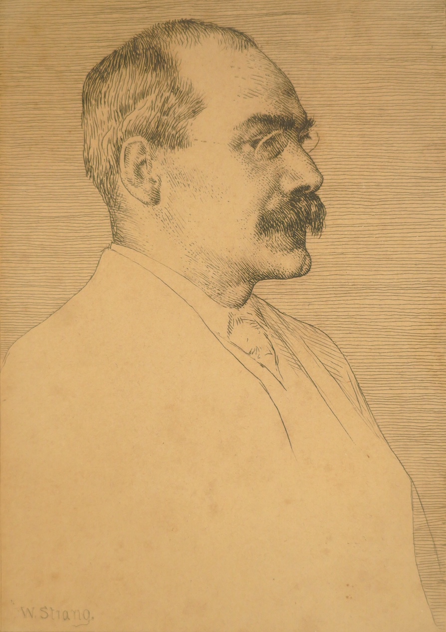 William Strang RA (1859-1921), etching, Portrait of Rudyard Kipling, signed in plate, 15 x 10cm. Condition - poor to fair
